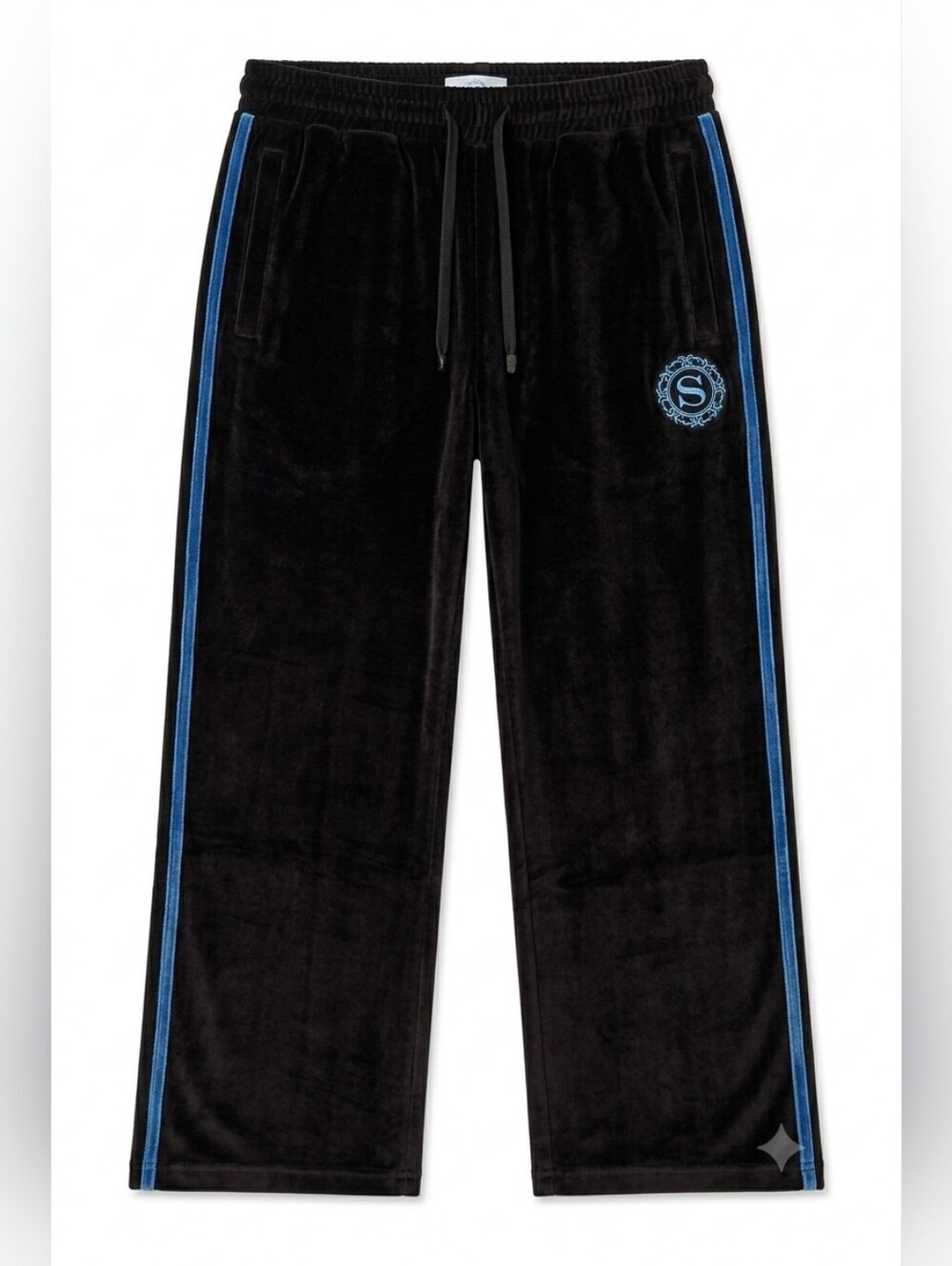Premium Black Velvet Track Pants with Blue Stripe, Snover, L, NWT Streetwear
